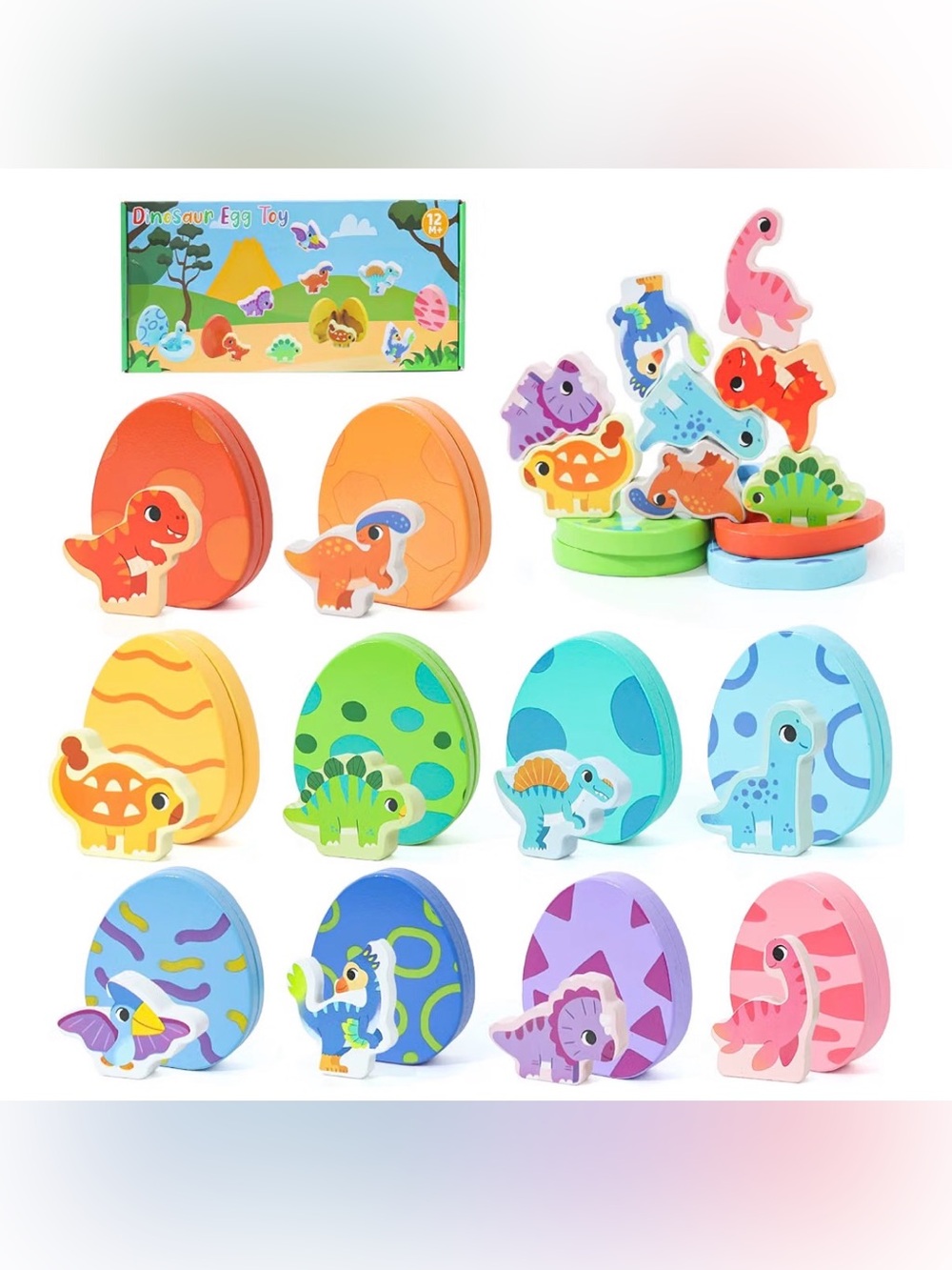 NEW Kids Dinosaur Egg Puzzle Toy Set - Colorful Wooden Dino Figures